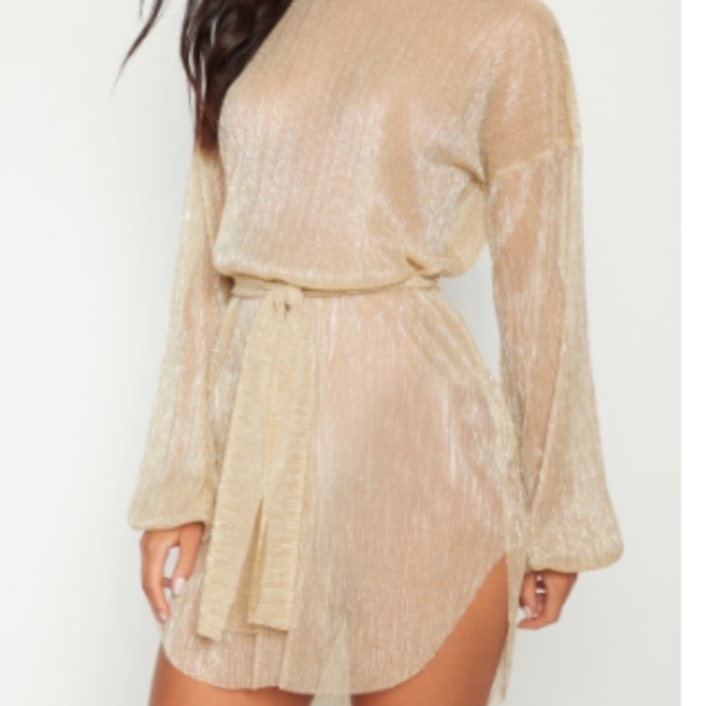 NWOT Sheer gold dress with tie -0